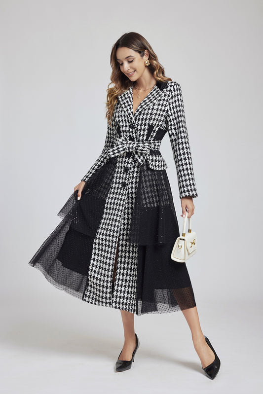 Classic Houndstooth Tweed Sequined Lace Mesh Dress