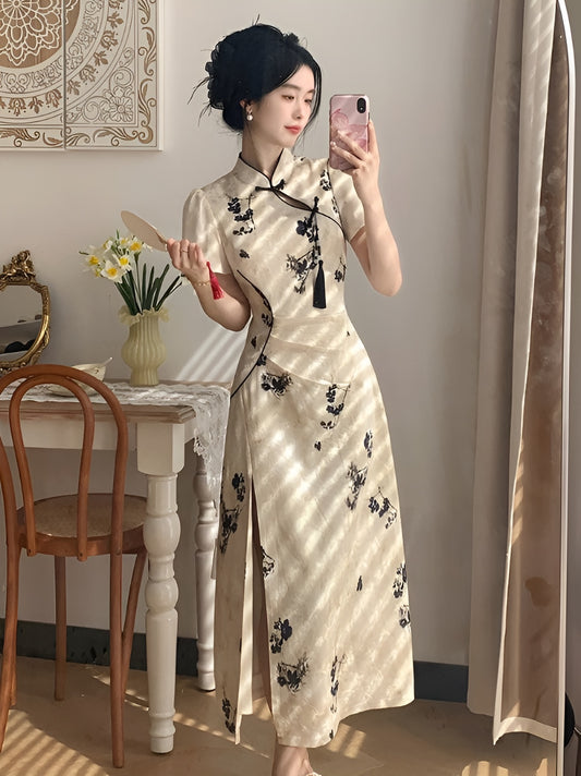 Apricot Floral Pleated Cheongsam