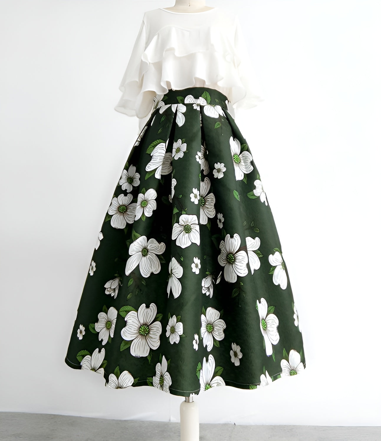 Dark Green Floral Retro Skirt