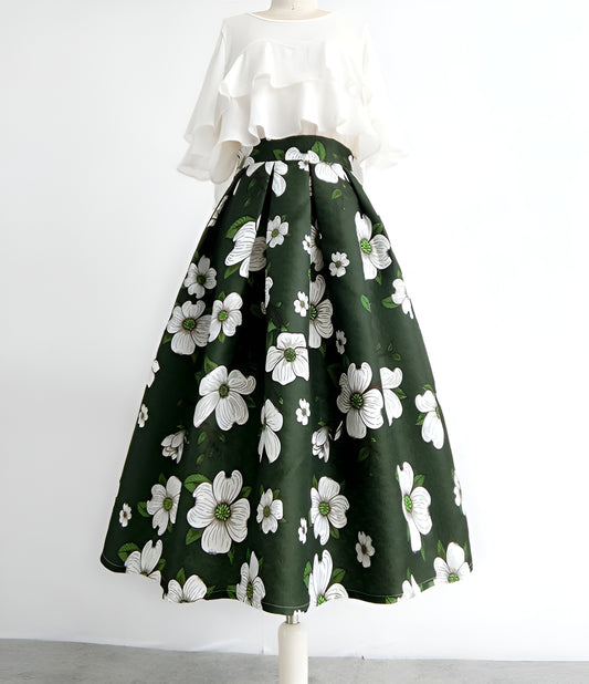 Dark Green Floral Retro Skirt