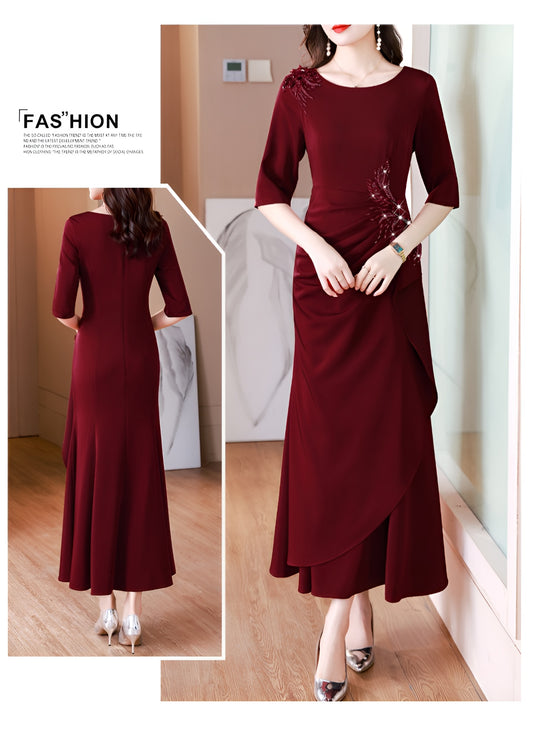 Dark Red High End Elegant Pleated Evening Dress