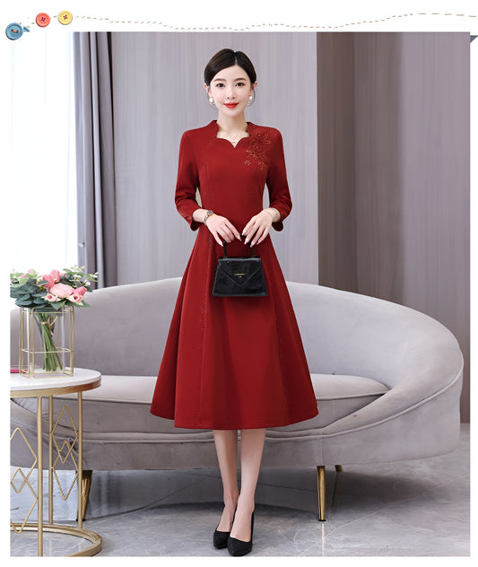 Dark Red V-neck Retro A-line Elegant Evening Dress