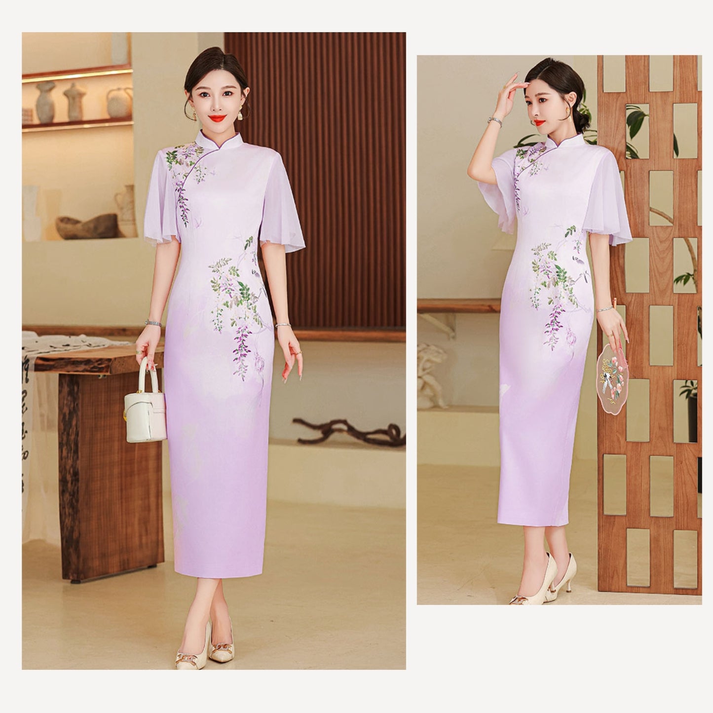 Elegant Flower Lotus Sleeves Cheongsam