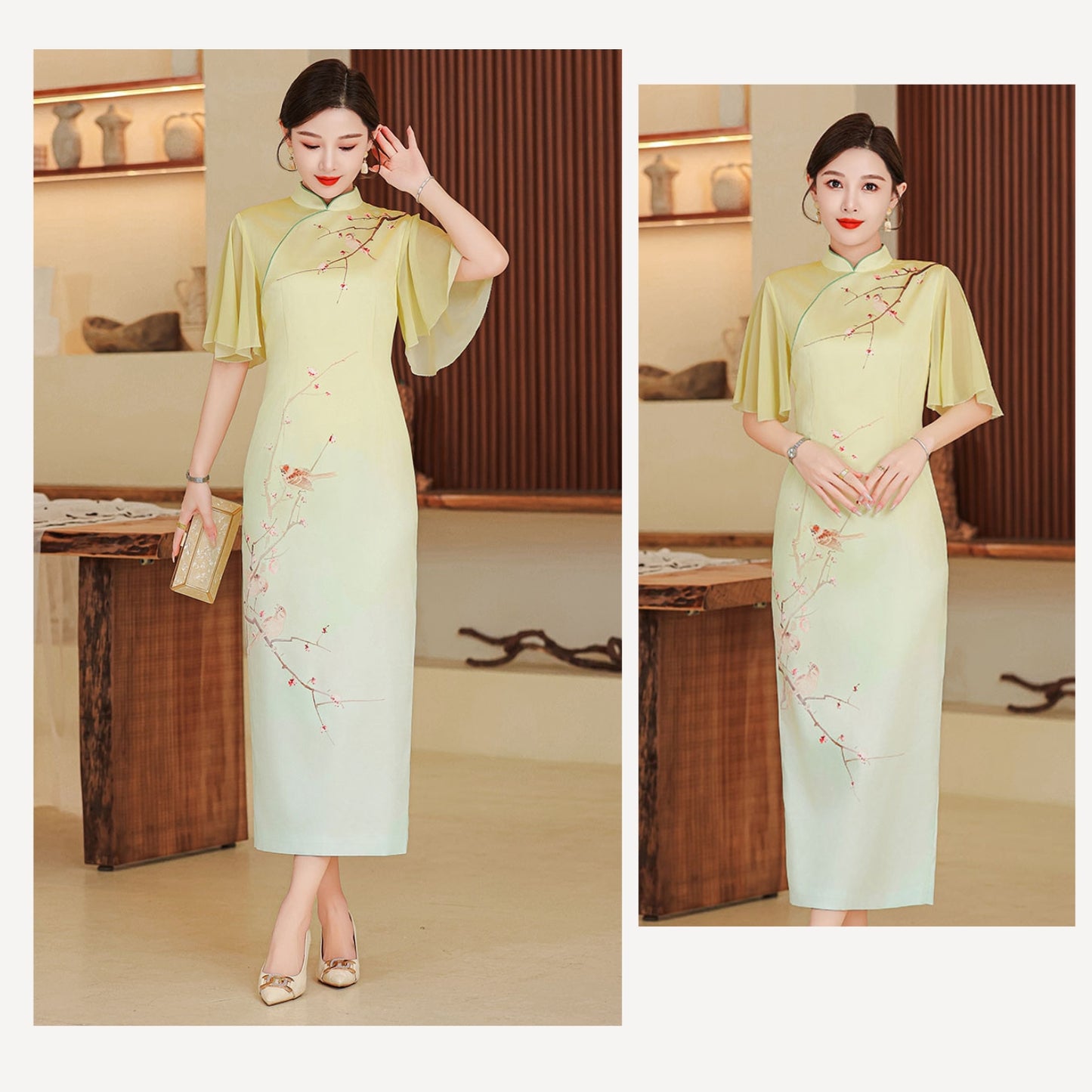 Elegant Flower Lotus Sleeves Cheongsam