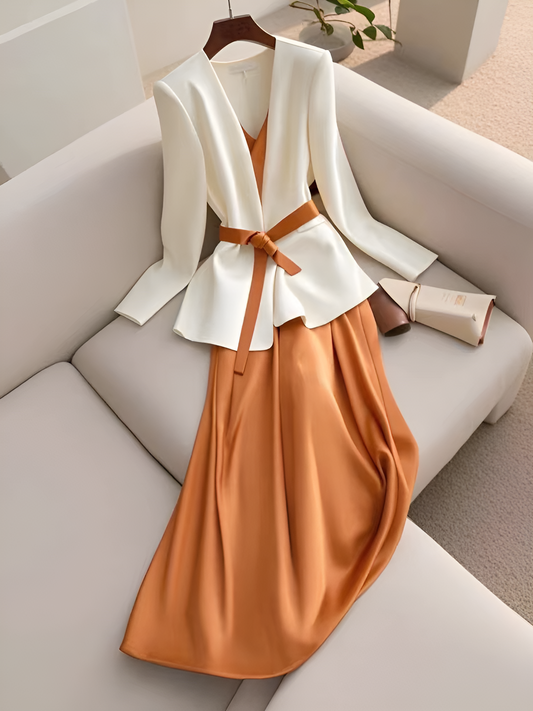 Elegant White Jacket + Orange Dress Two Pieces Suit Set