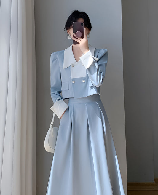 First Love Blue Top + Pleated Skirt Two Pieces Suit Set