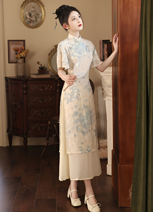 Floral Apricot Fake Two Cheongsam