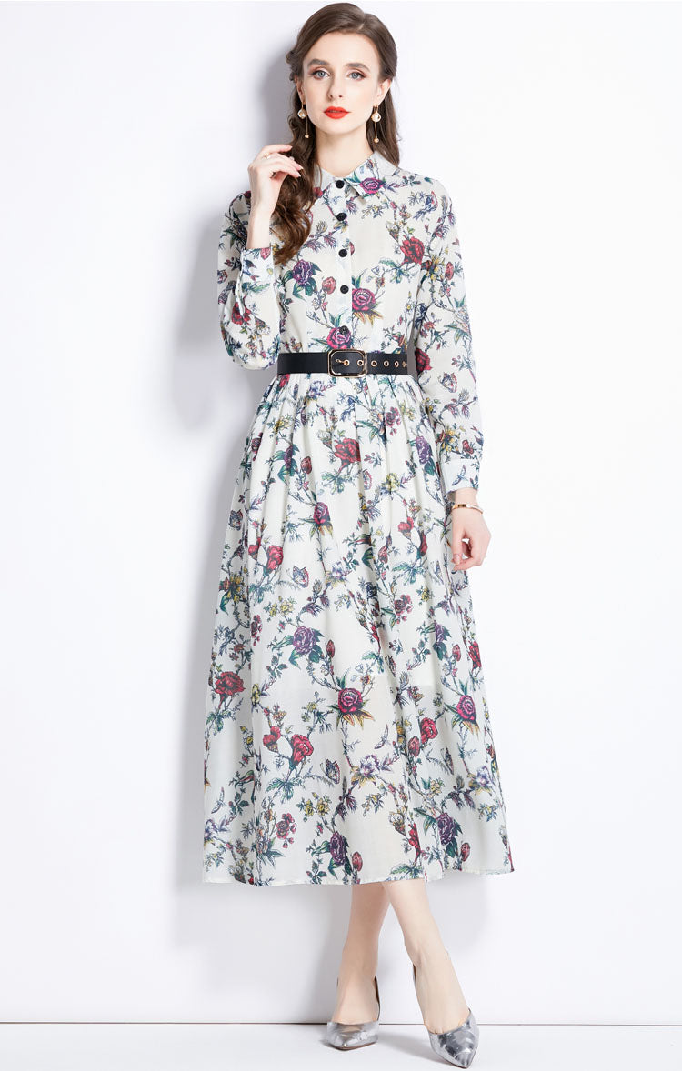 Floral Lapel A-line Long Dress