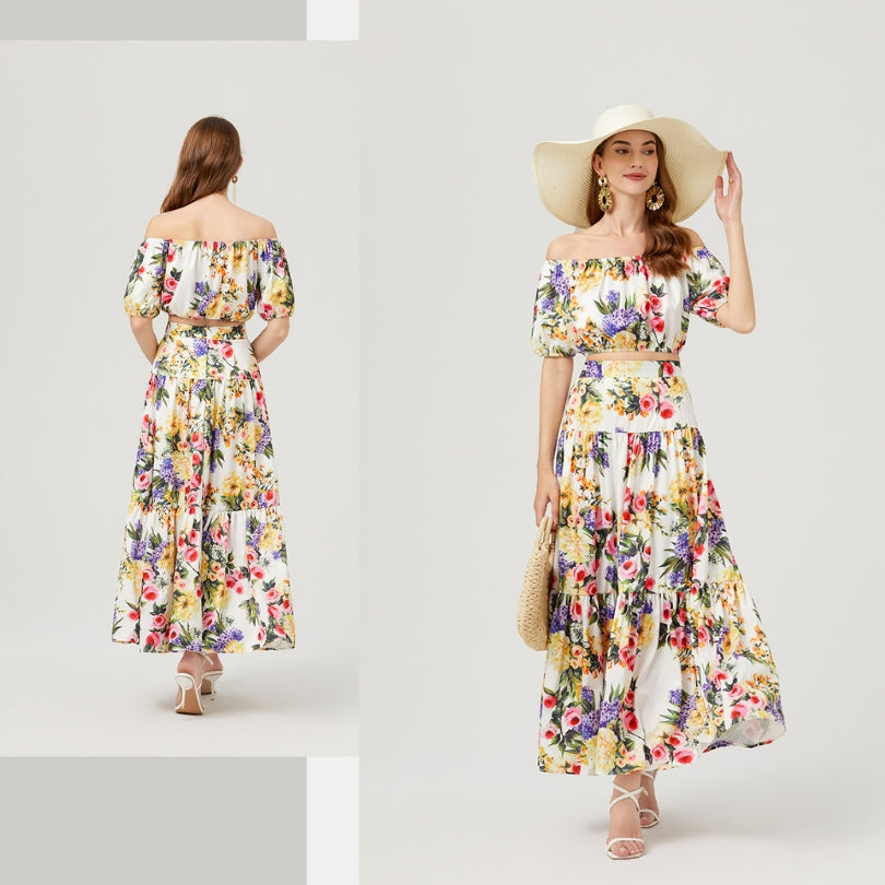 Floral Off Shoulder Crop Top + High Waist Skirt Two Pieces Set
