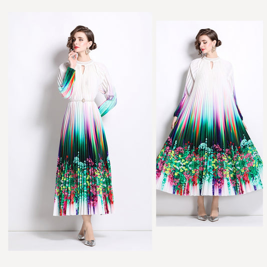 Floral Pleated Long-sleeve Dress