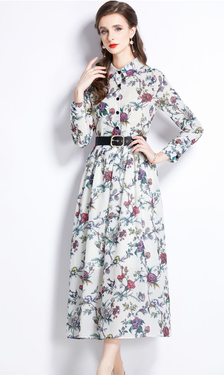 Floral Lapel A-line Long Dress