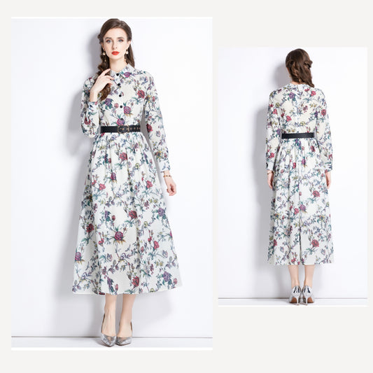 Floral Lapel A-line Long Dress