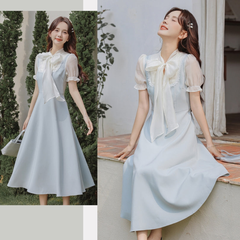 Gentle Blue Bow Stitching Slim Dress