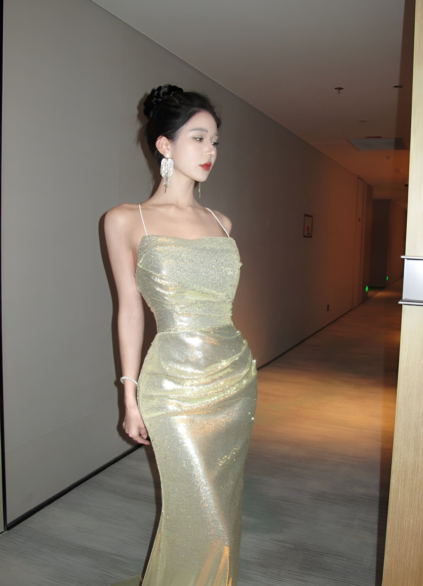 Gold Sequin Backless Evening Dress