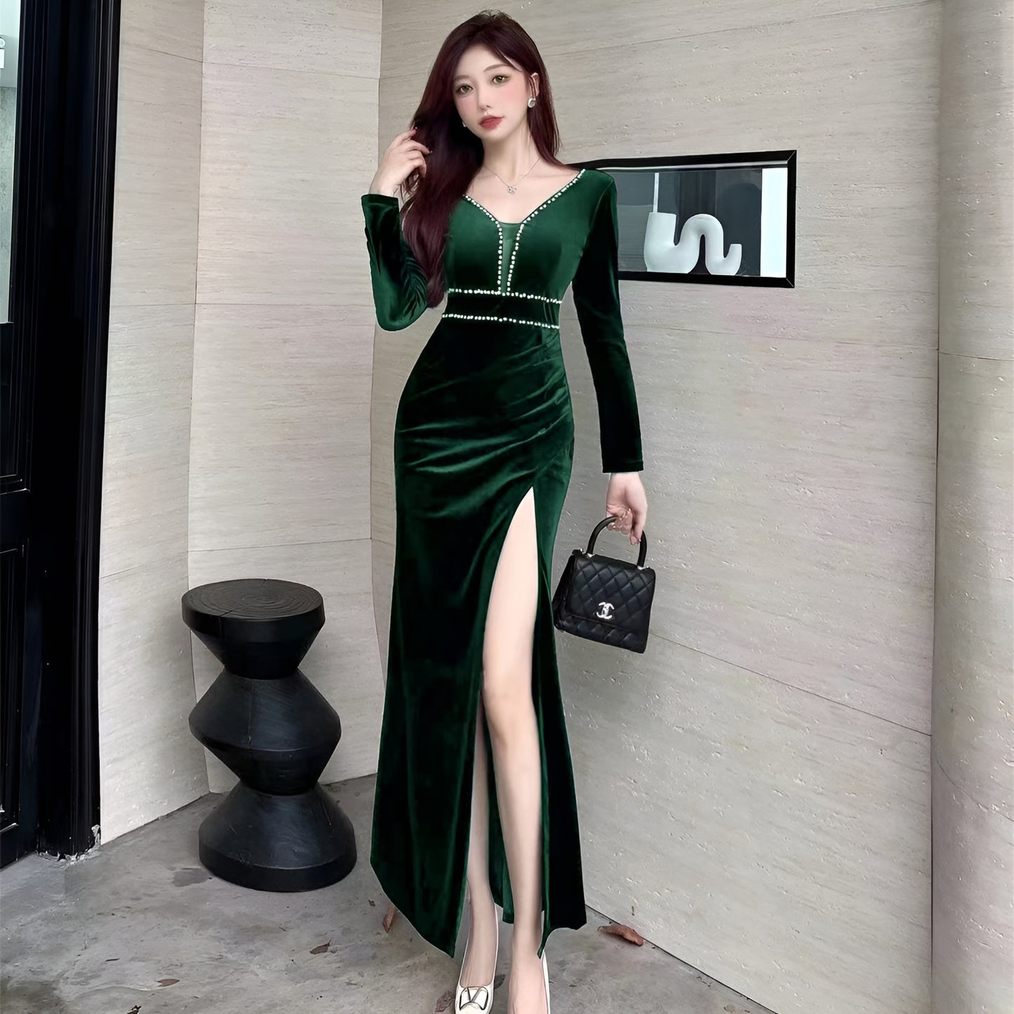 Gold Velvet High Slit Evening Dress