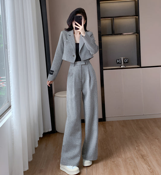 Gray Short Jacket + Wide Leg Pants Two Pieces Set