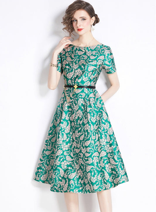 Green Floral Round Neck A-line Dress