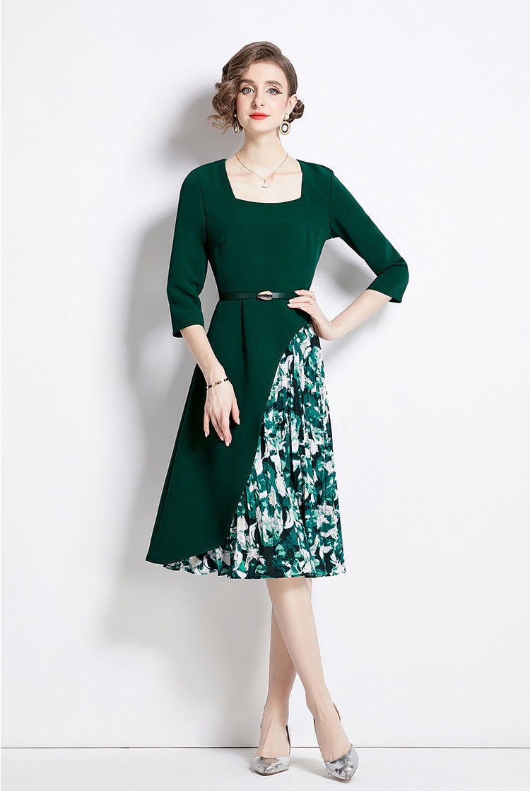 Green Floral Splicing Square Collar Dress