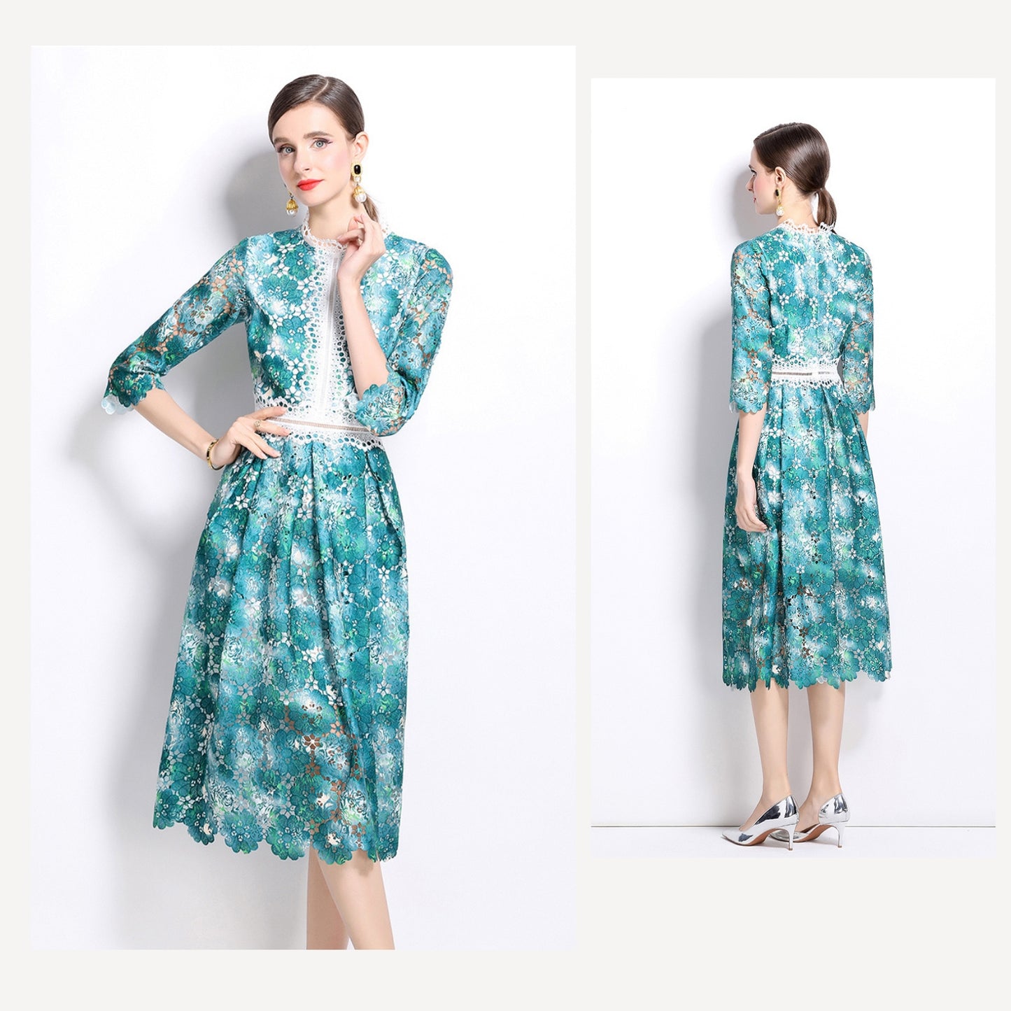 Green Flower Lace Mid-length Dress