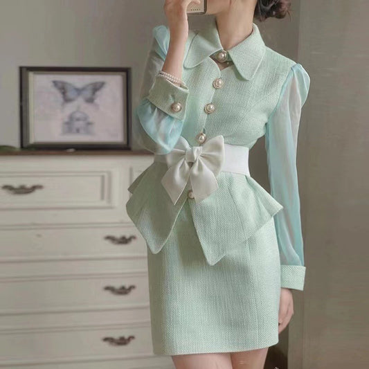 Green Long-sleeve Top + Mini Skirt Two Pieces Set