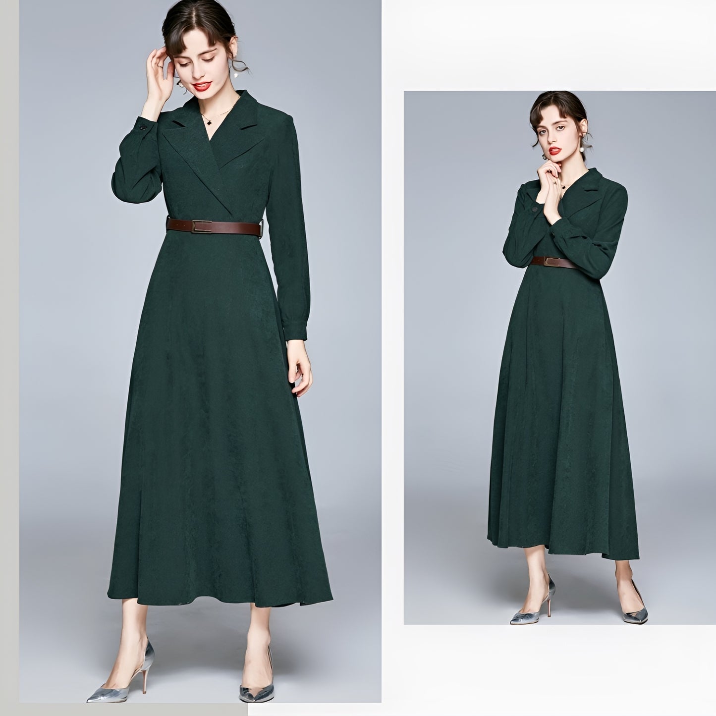 Green Suit Collar Long Dress