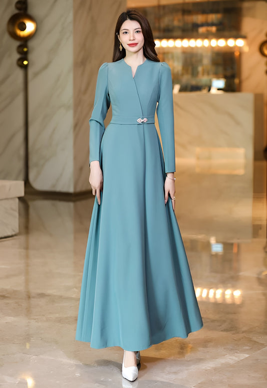 Haze Blue Elegant Slim Long Dress