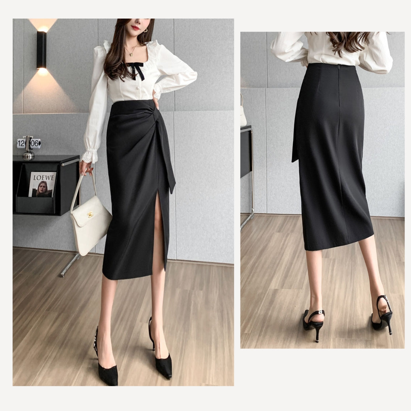 High Waist Mid-length Slit Skirt