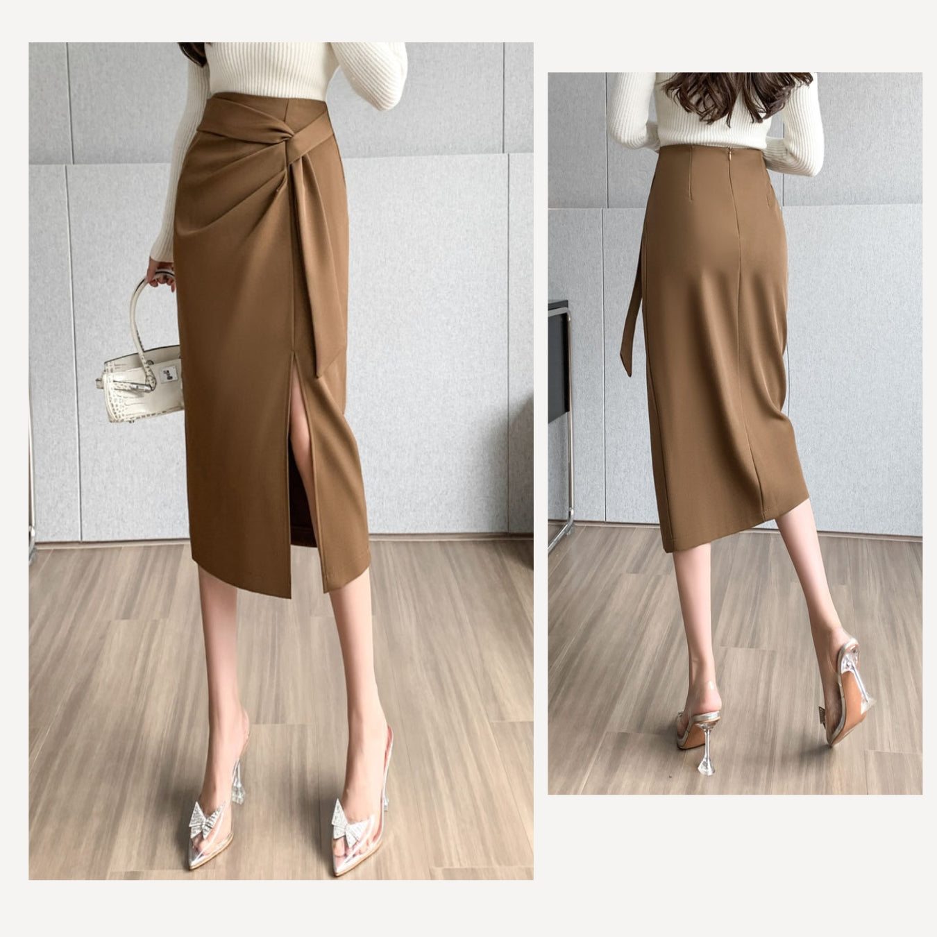 High Waist Mid-length Slit Skirt