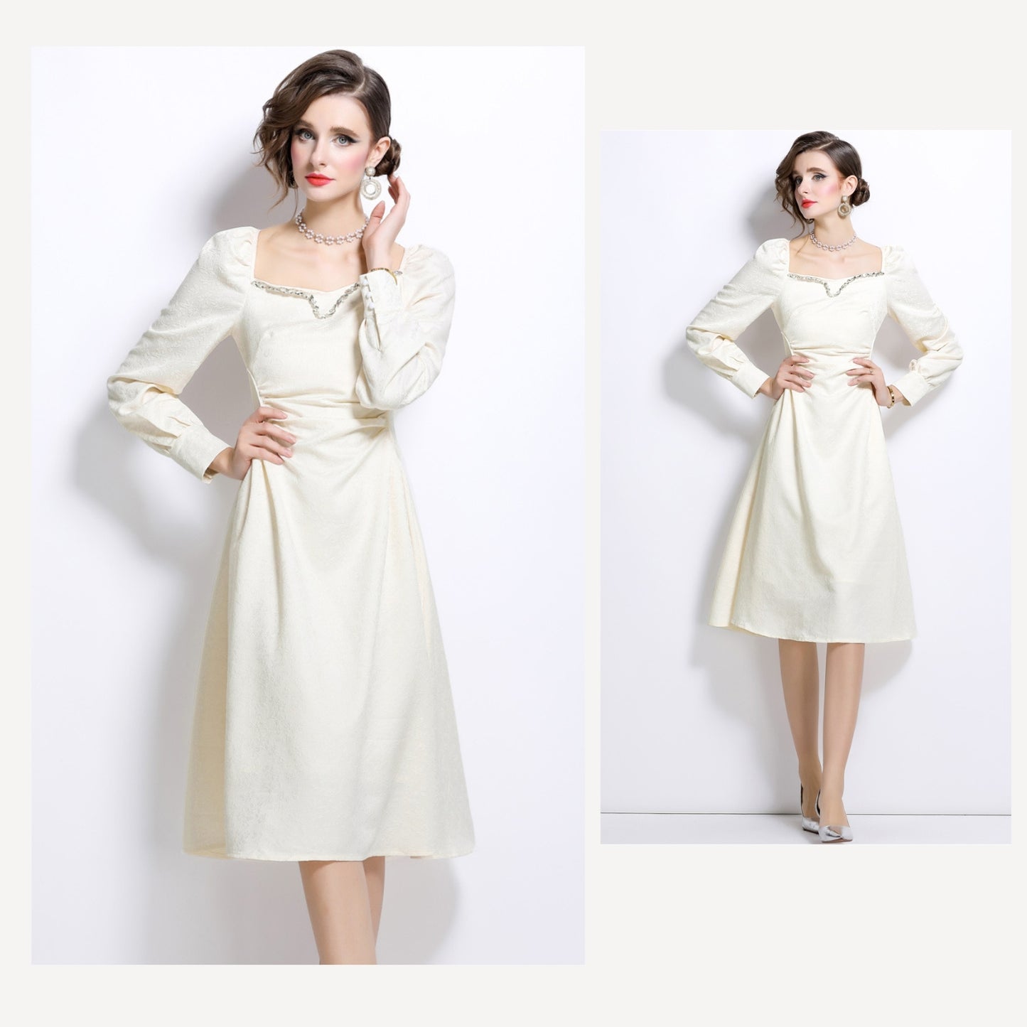 Jacquard Handmade Rhinestone Off-white Puff Sleeve Dress