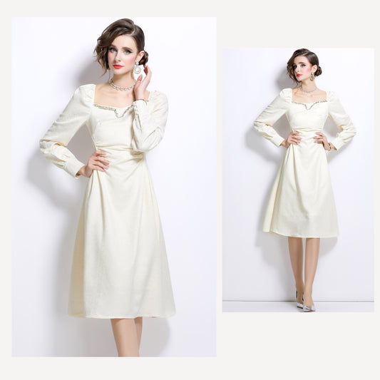 Jacquard Handmade Rhinestone Off-white Puff Sleeve Dress