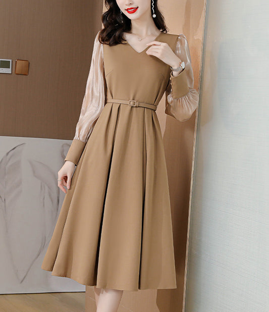 Khaki Retro Spliced A-line Long-sleeve Dress