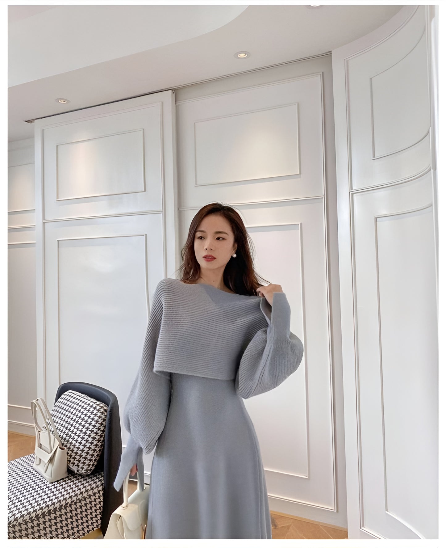 Knitted Raglan Shawl + Sleeveless Dress Two Pieces Set