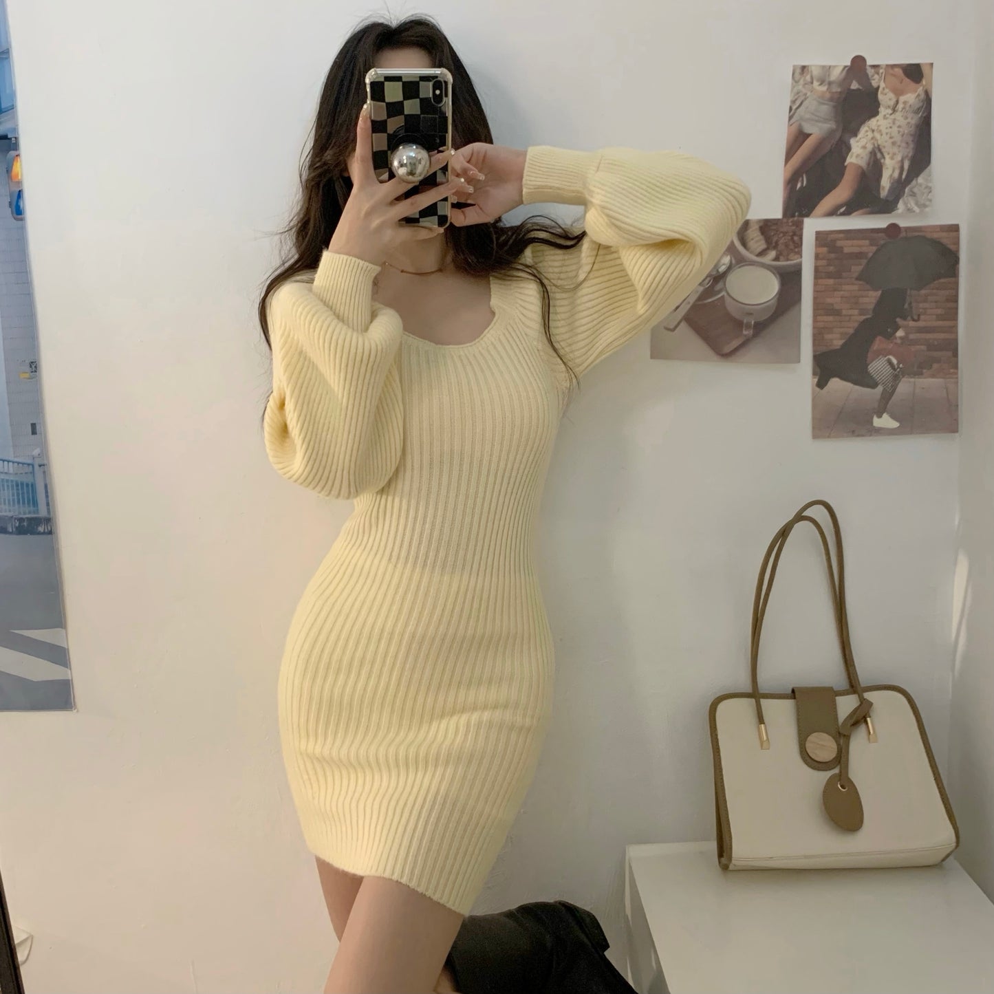 Knitted Square Collar Mini Dress