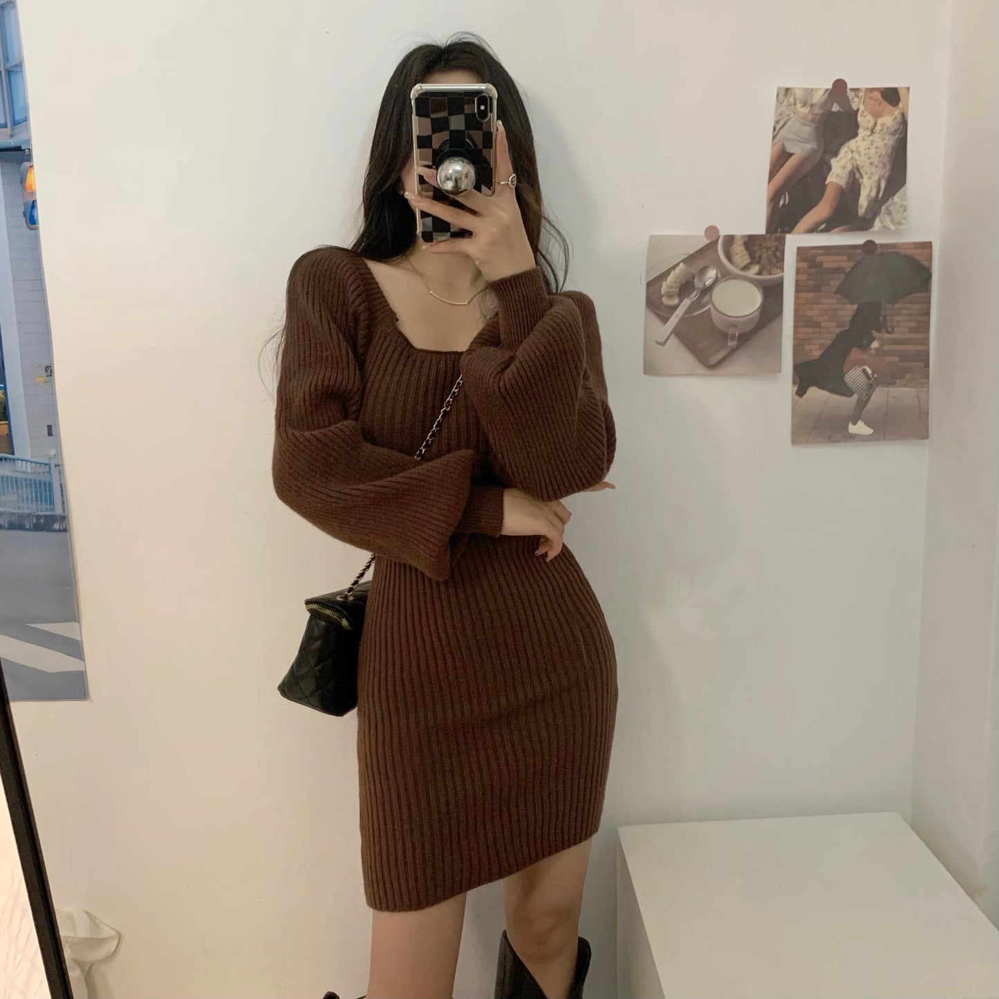 Knitted Square Collar Mini Dress