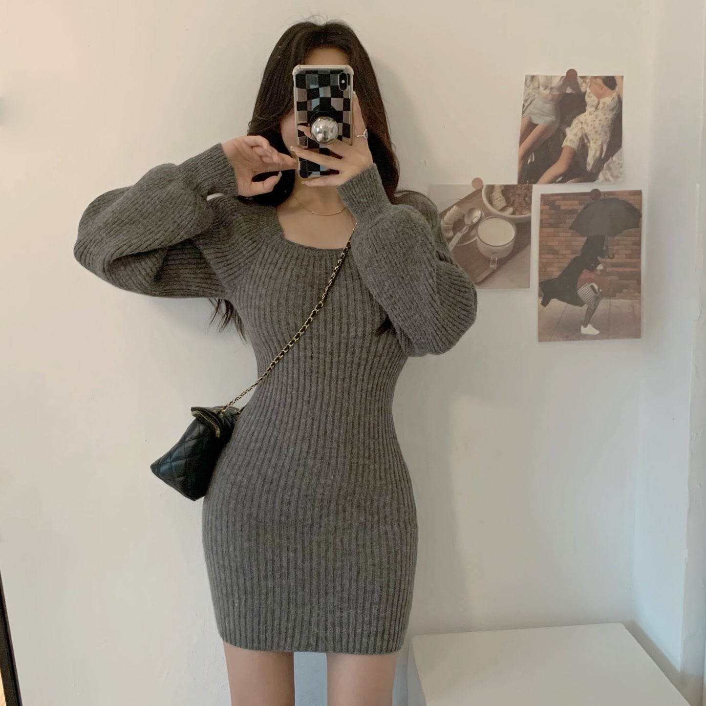 Knitted Square Collar Mini Dress