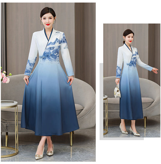 Landscape Blue Retro Long Sleeve Modern Hanfu