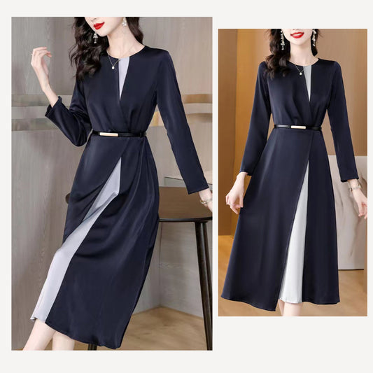 [Large Size] Long-sleeve Navy Blue Mid-length Elegant Dress