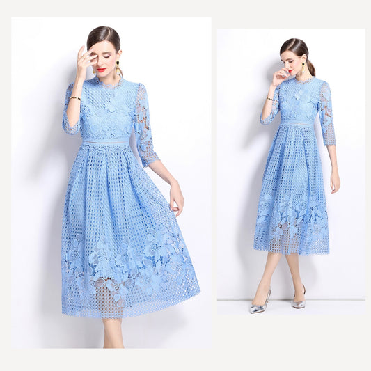 Light Blue Hook Flower Lace Mid-length Dress