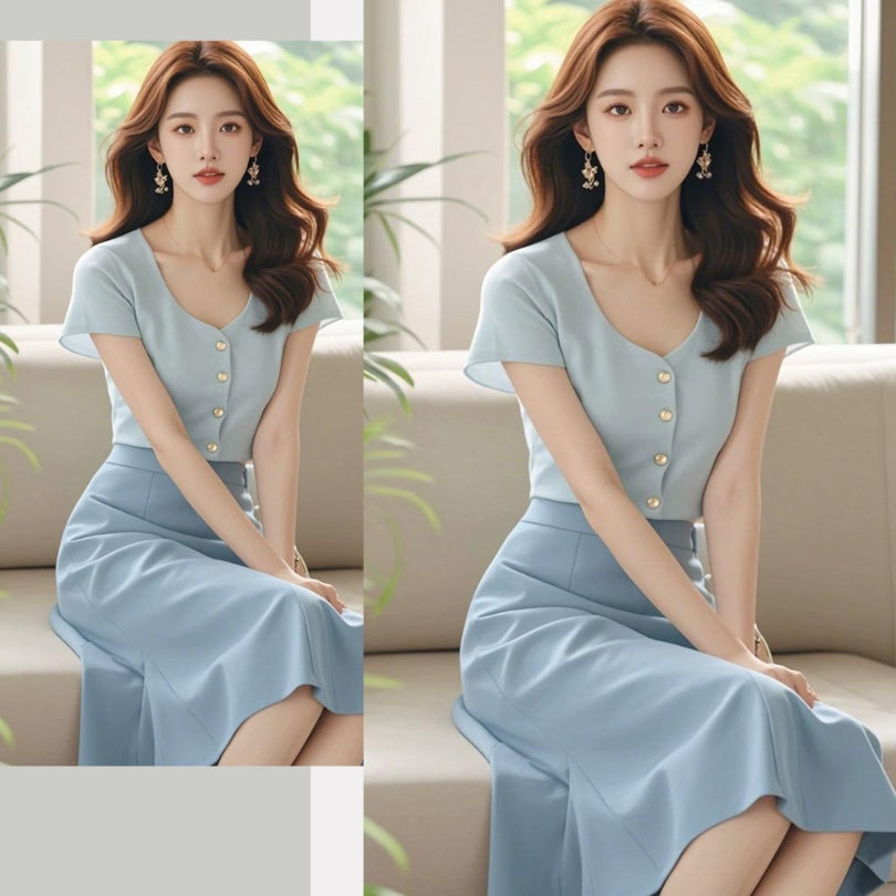 Light Blue Top + Skirt Two Pieces Set