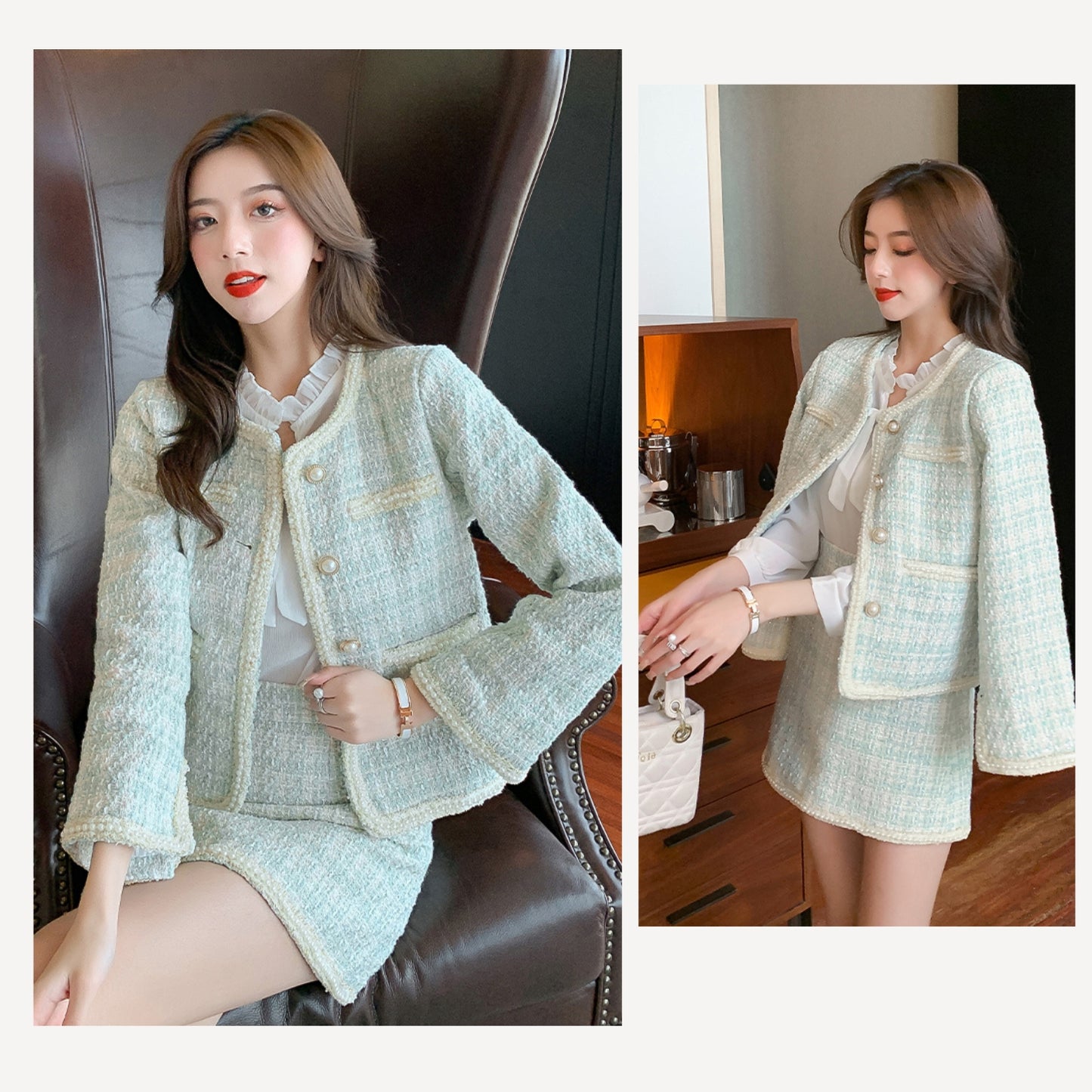 Light Green Jacket + Shirt + Mini Skirt Three Pieces Suit Set