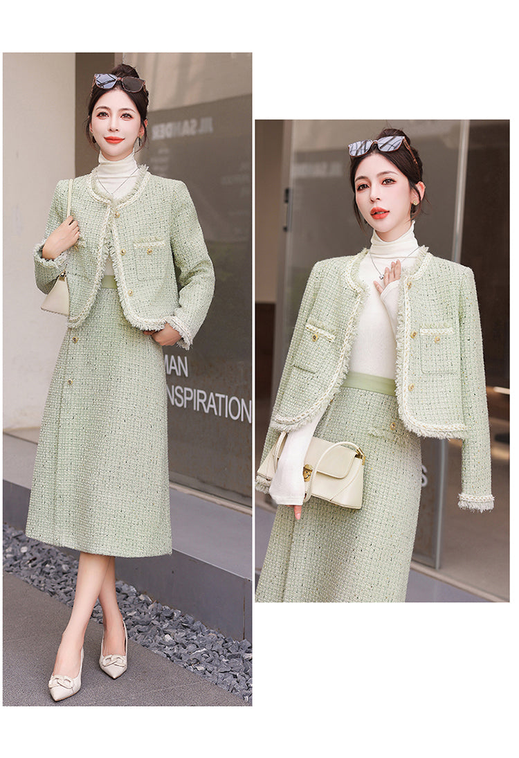 Light Green Tweed Jacket + Skirt Two Pieces Suit Set