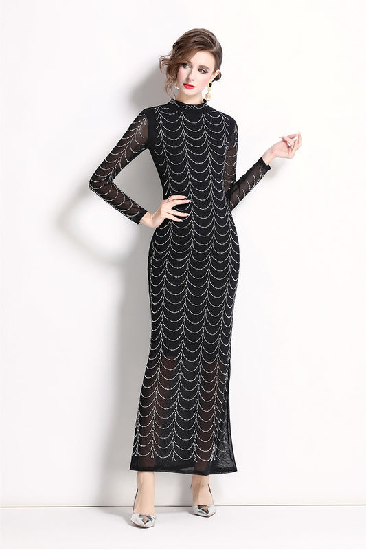 Long-sleeve Mesh Hot Diamond Sexy Dress