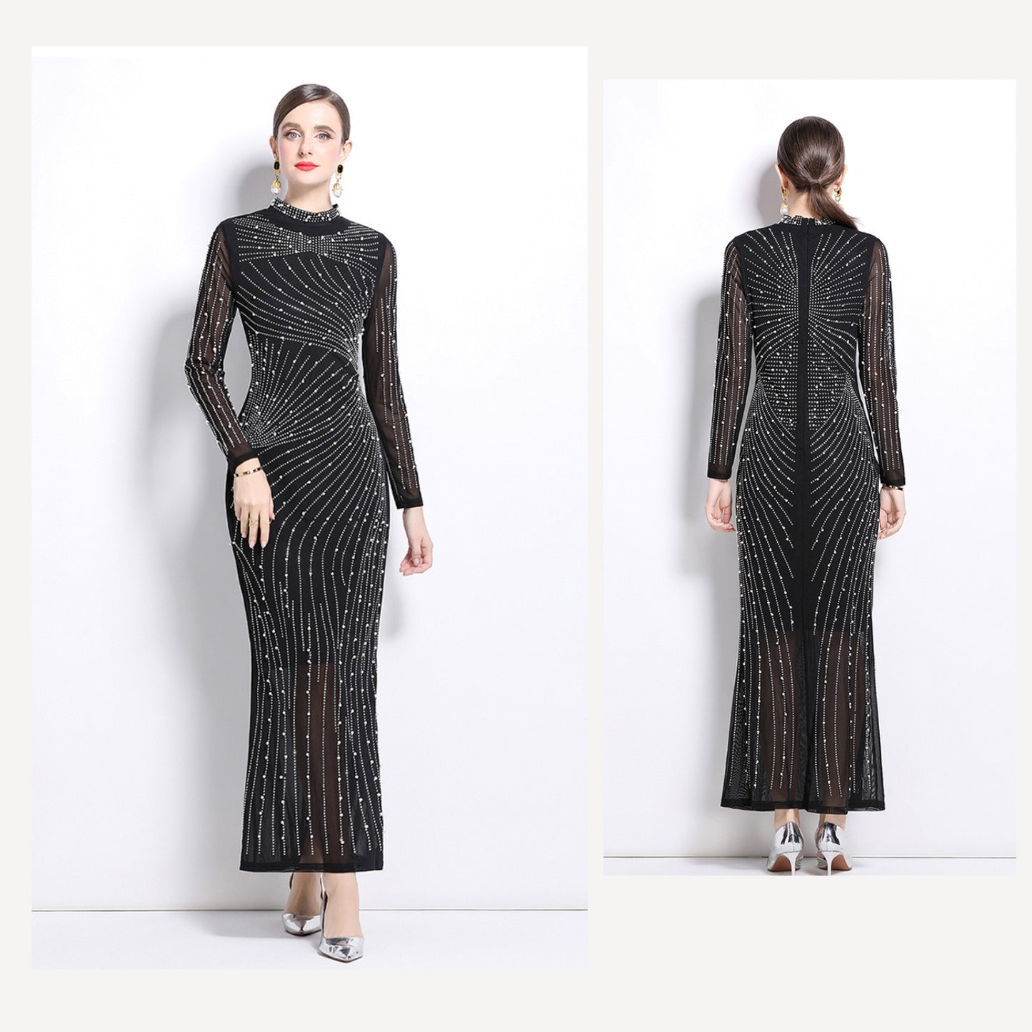 Long-sleeve Mesh Slim Long Evening Dress