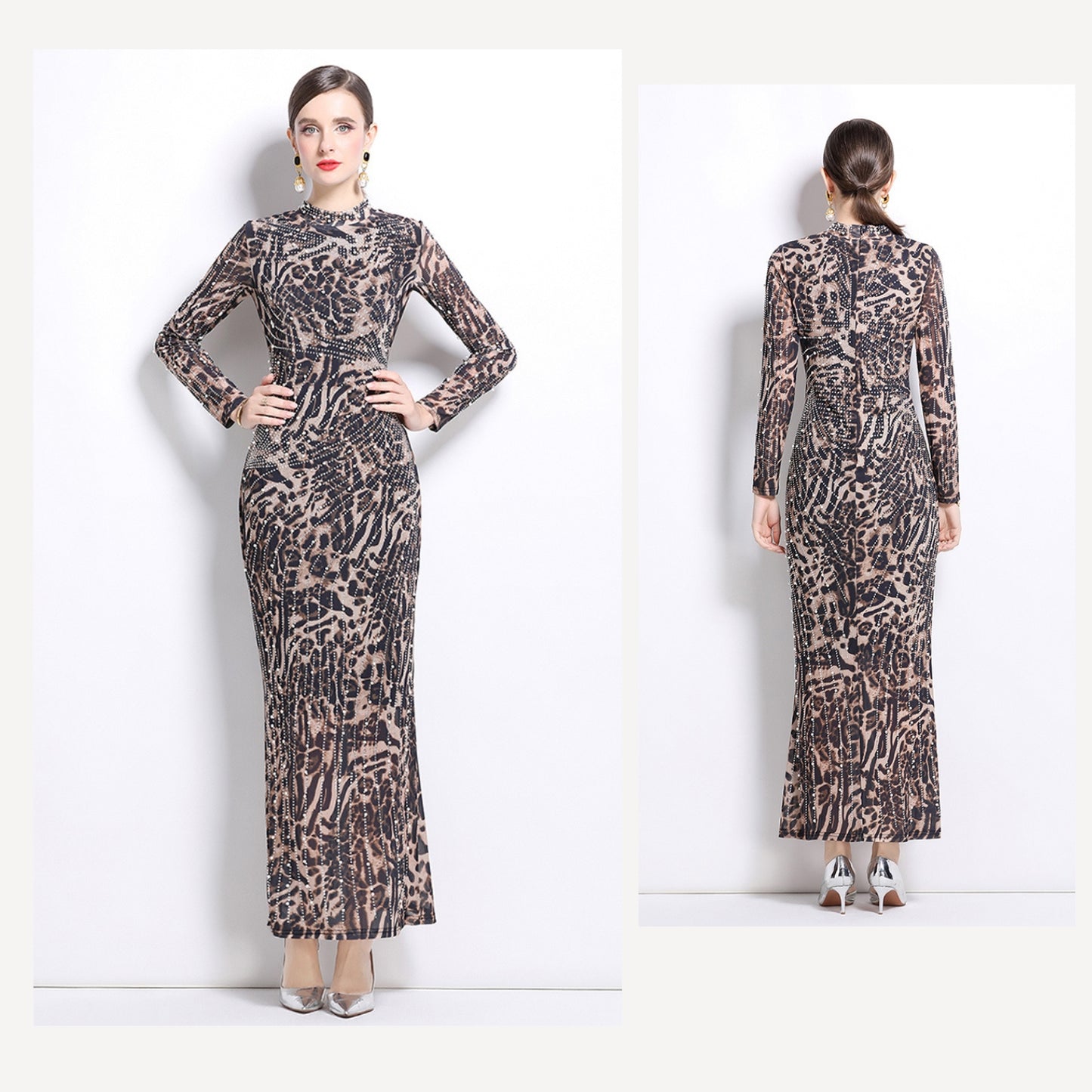 Long-sleeve Mesh Slim Long Evening Dress