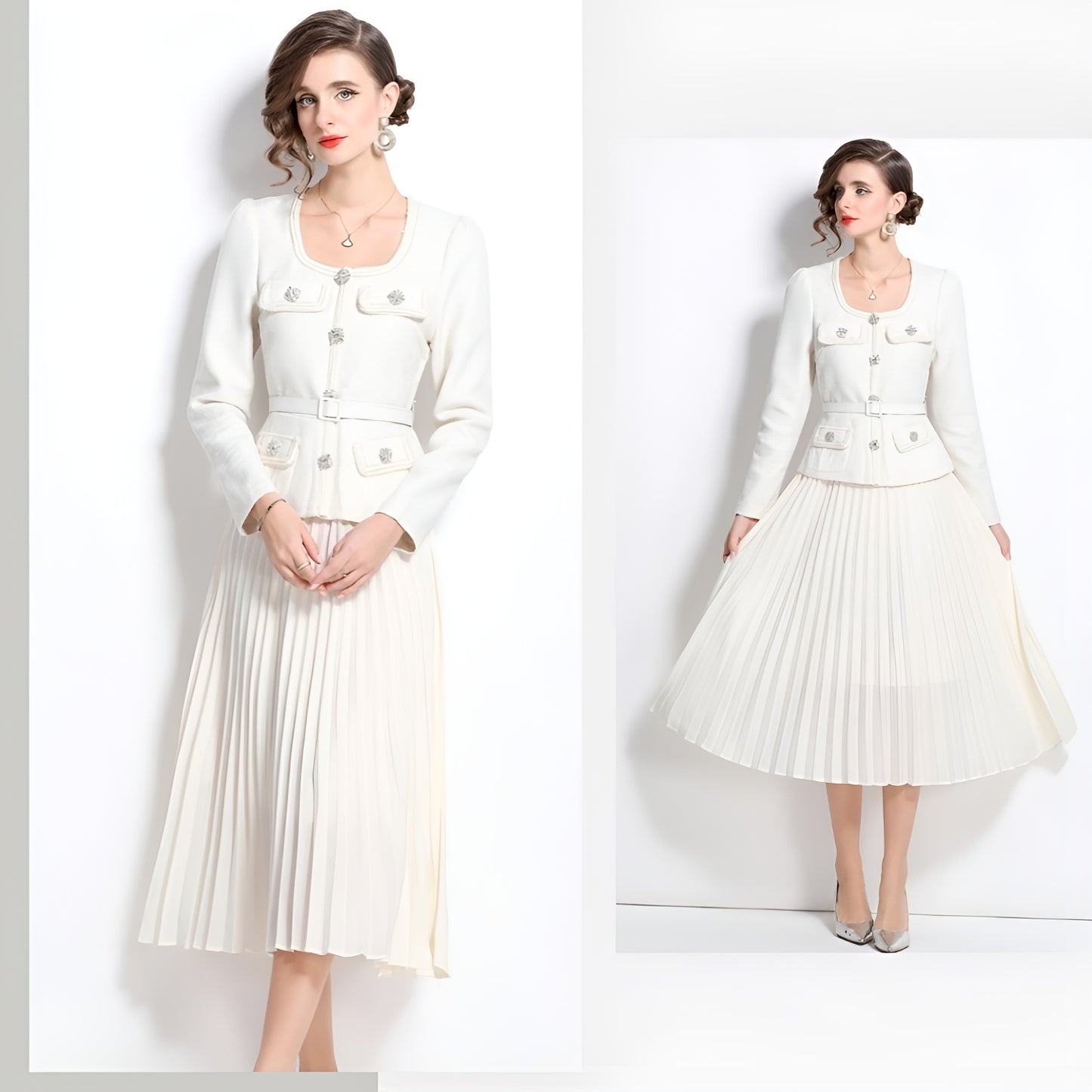 Off White Long-sleeve Square Neck Stitching Pleated Large Swing Dress