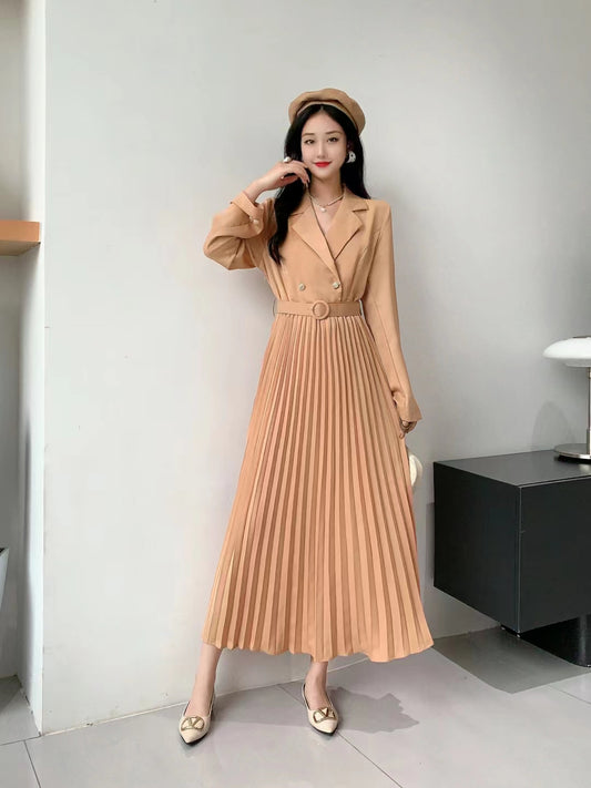 Long-sleeved Pleated Fake Two-piece Dress