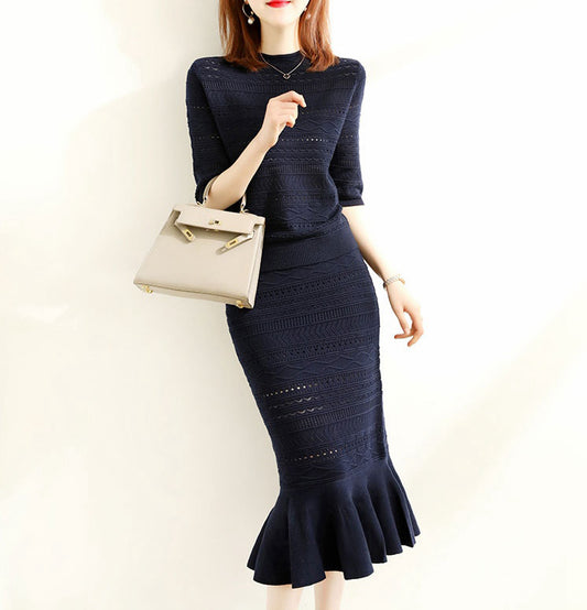 Navy Blue Knitted Top + Skirt Two Pieces Set