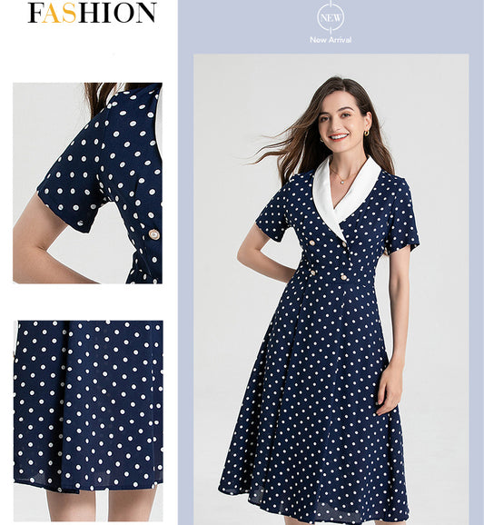 Navy Blue Suit Collar Polka Dots A-line Dress