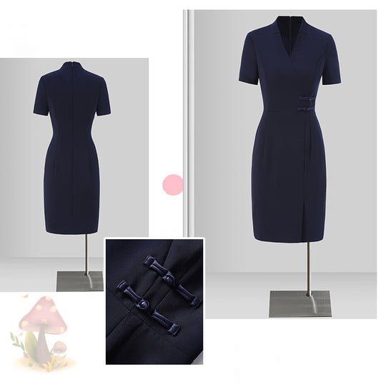 Navy Blue V-neck Professional Dress