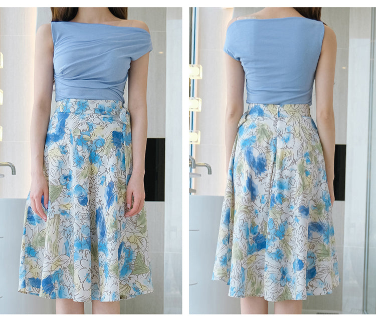 Blue Pleated Shirt + Floral Skirt Two Pieces Set
